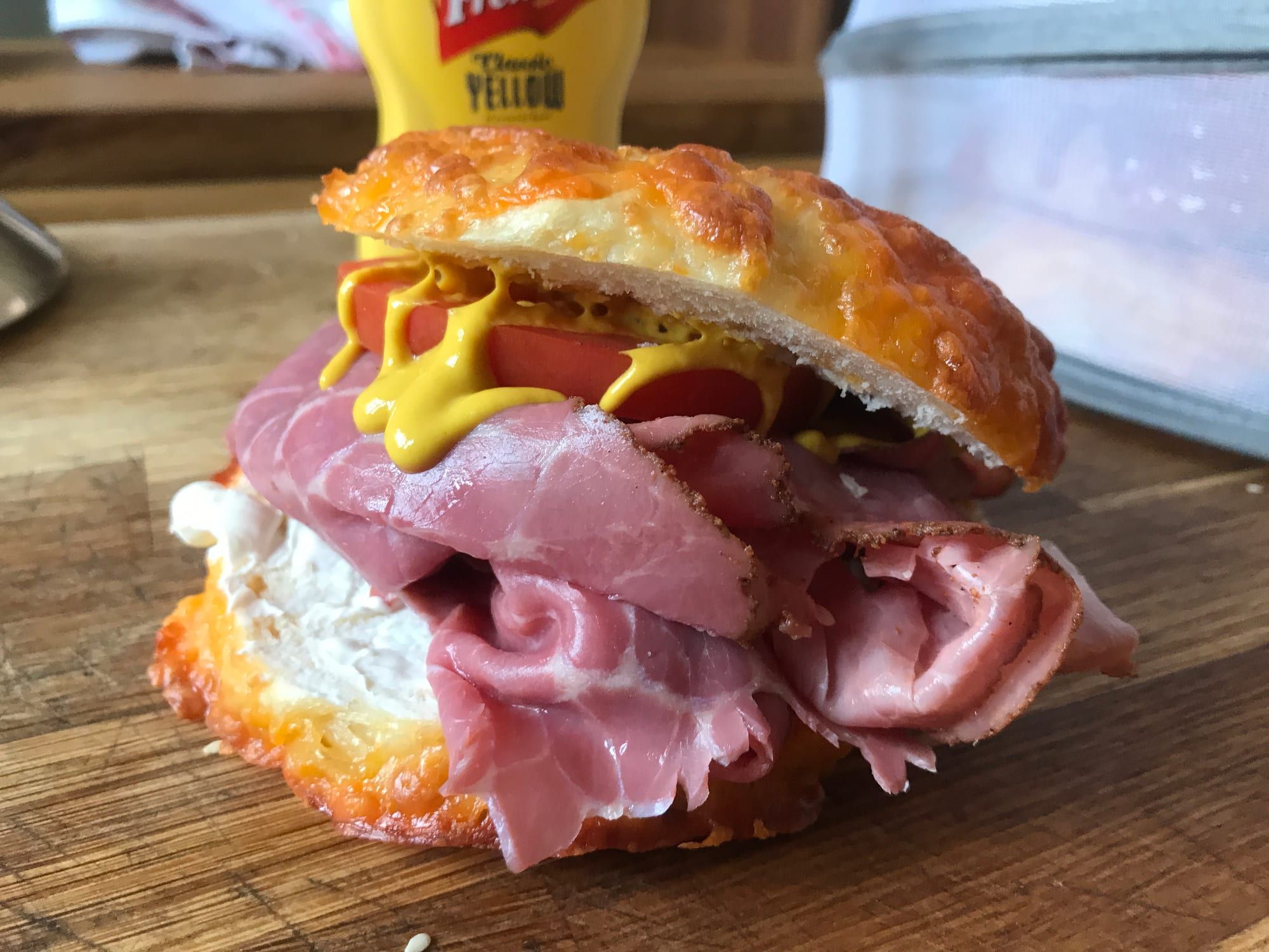 Pastrami bagel piled high with mustard Jacob's Bagels Worthing