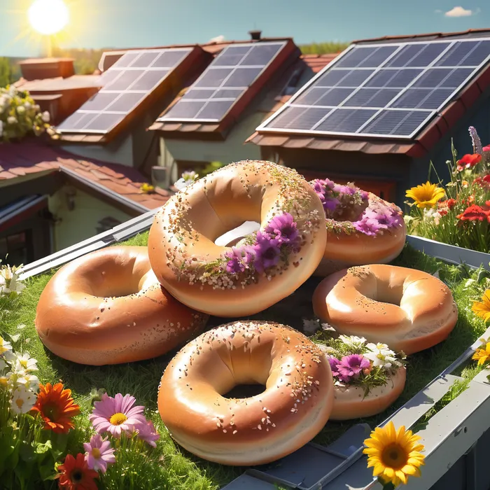 Illustration of bagels in front of the Jacob's Bagels bakery solar panels